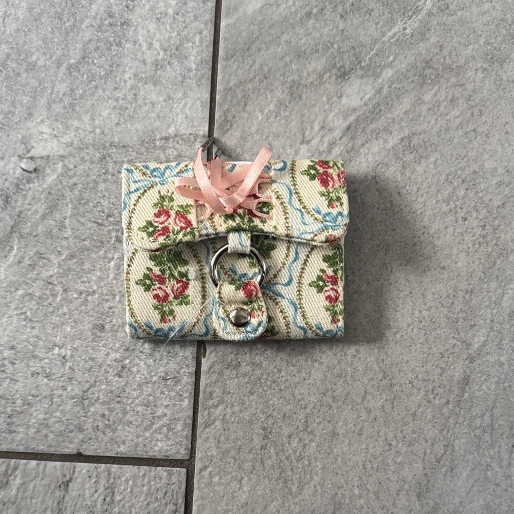 Floral Tapestry Coin Purse with Pink Ribbon